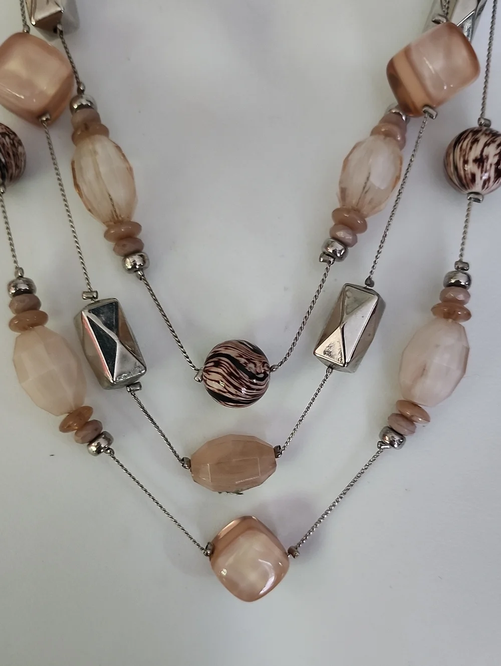 Multi-Strand Beige Stone & Silver Bead Necklace - NY Collection